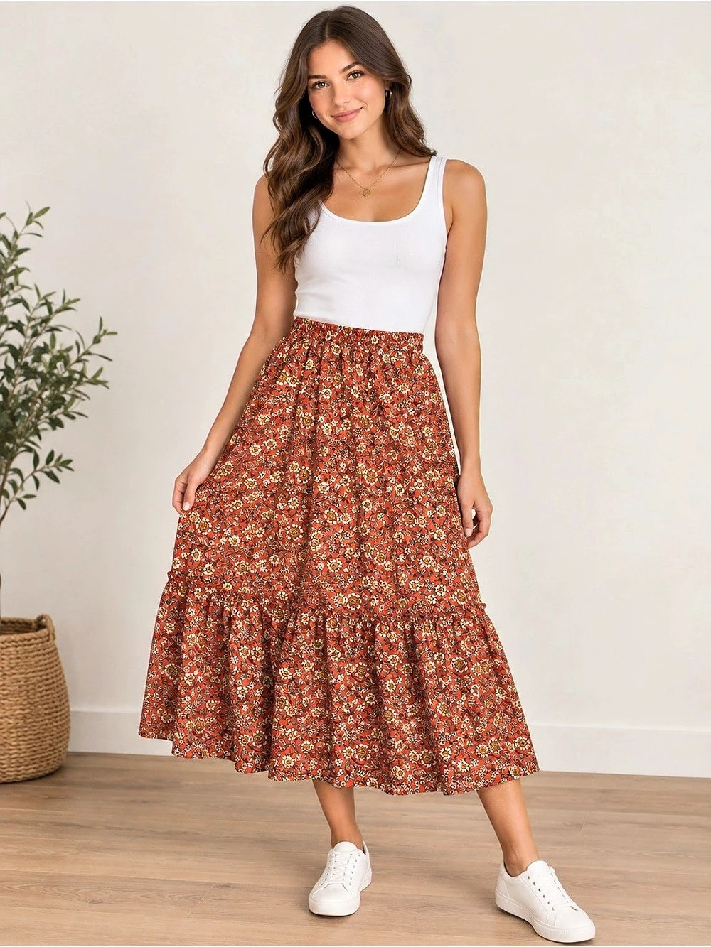 Hayden Los Angeles Floral Midi Skirt in Orange & White Size Small Like New